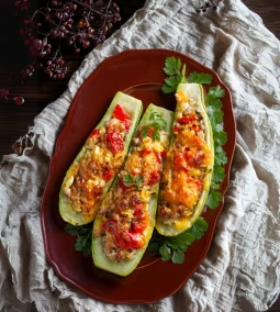 Chilis-gyömbéres makrélafilével töltött cukkinihajók