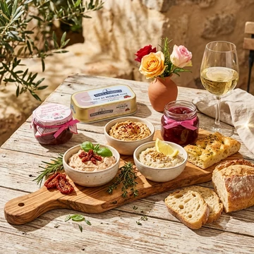 mediterrán különlegességekből összeállított ajándékcsomag